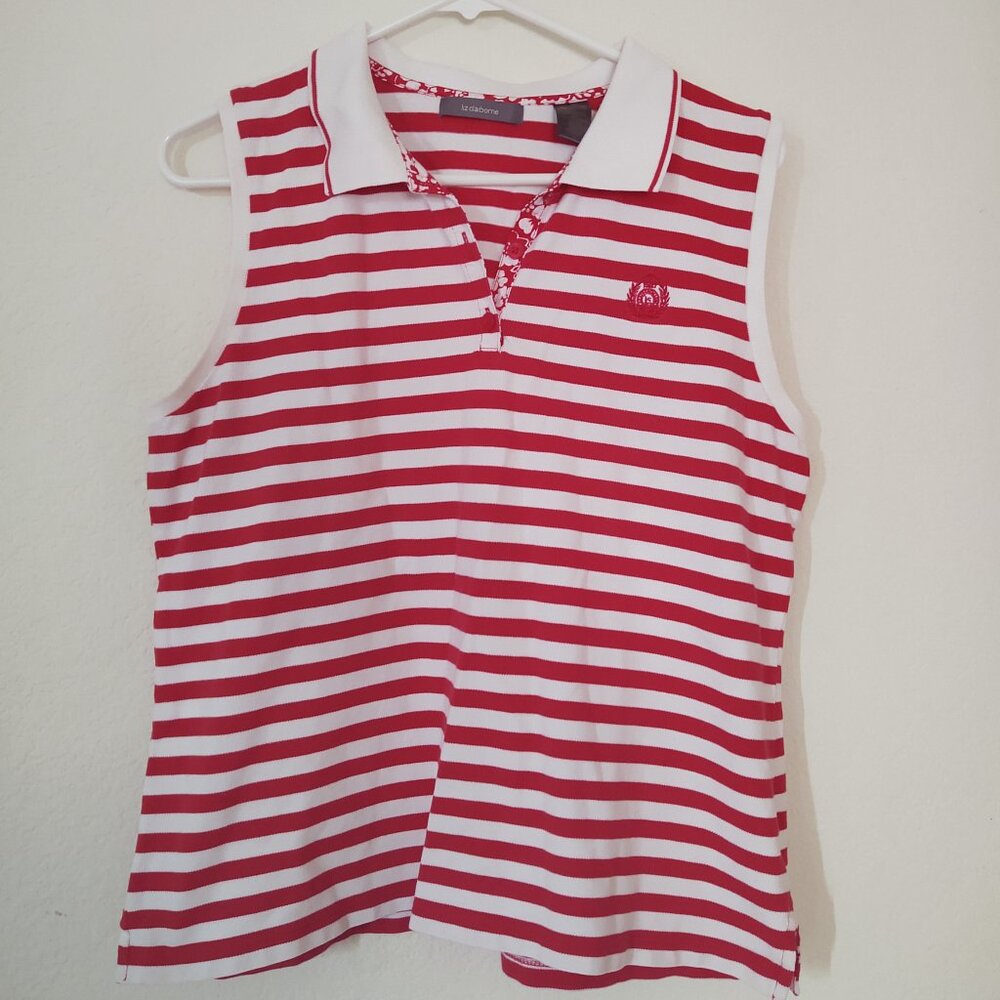LIZ CLAIBORNED WOMEN'S XL STRIPED COLLARED TANK SHIRT YACHT BOAT CASUAL